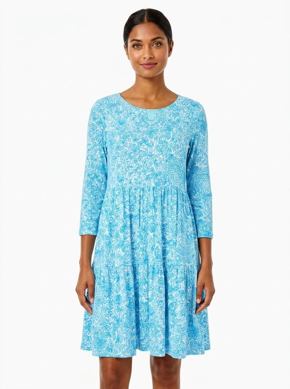Lilly Pulitzer Amalia Dress Blue Paisley Tiered Knit Dress Women Size L